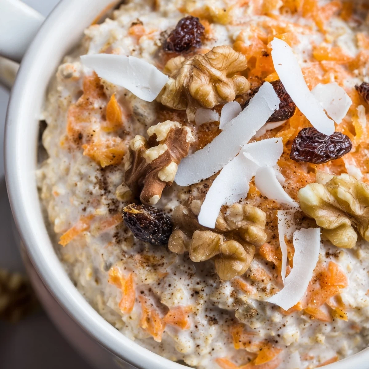 Creamy carrot cake overnight oats topped with chopped walnuts, raisins, and shredded coconut in a glass jar