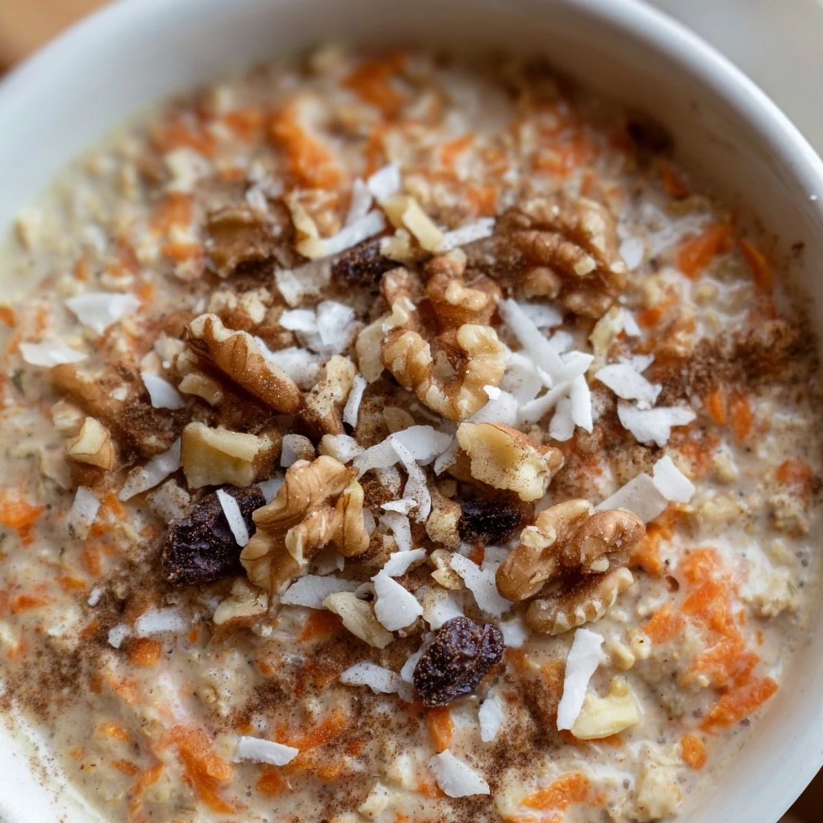 Mason jar layered with spiced carrot cake overnight oats, finished with crunchy pecan and coconut garnish