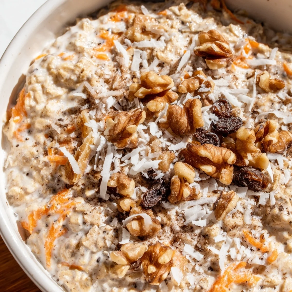 Wholesome breakfast bowl spiced with cinnamon and nutmeg featuring grated carrot and creamy oat mixture