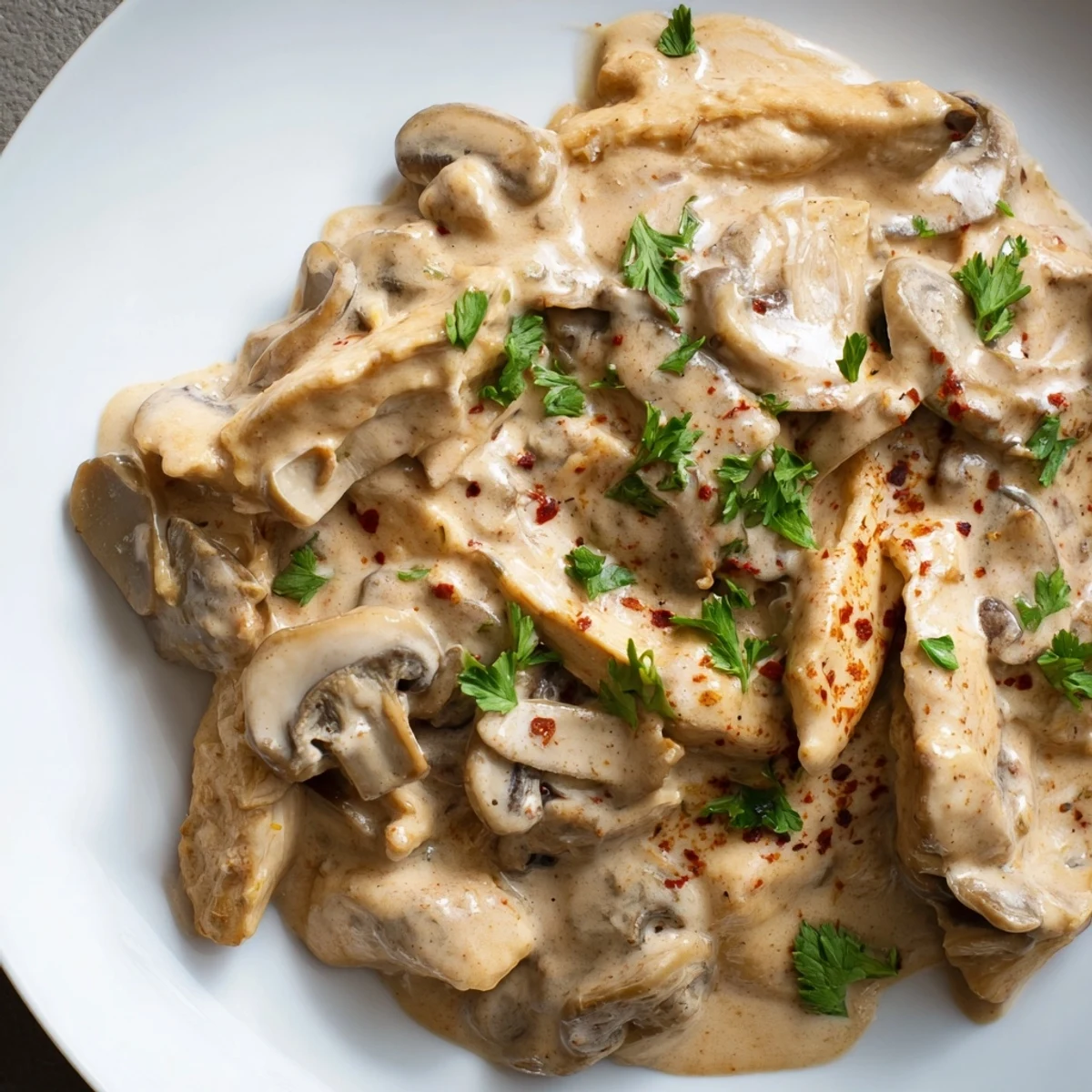 Creamy chicken stroganoff with tender meat and mushrooms in a rich sour cream sauce served over egg noodles