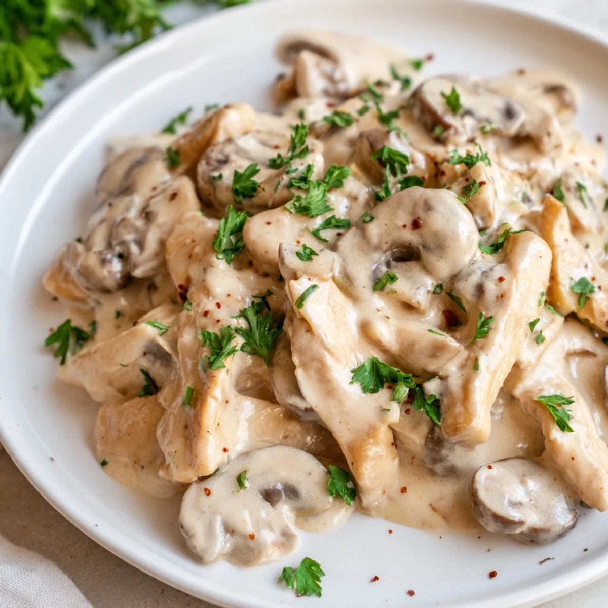 Hearty Russian-inspired chicken stroganoff plated over buttered pasta featuring savory chunks in a velvety paprika-spiced cream sauce