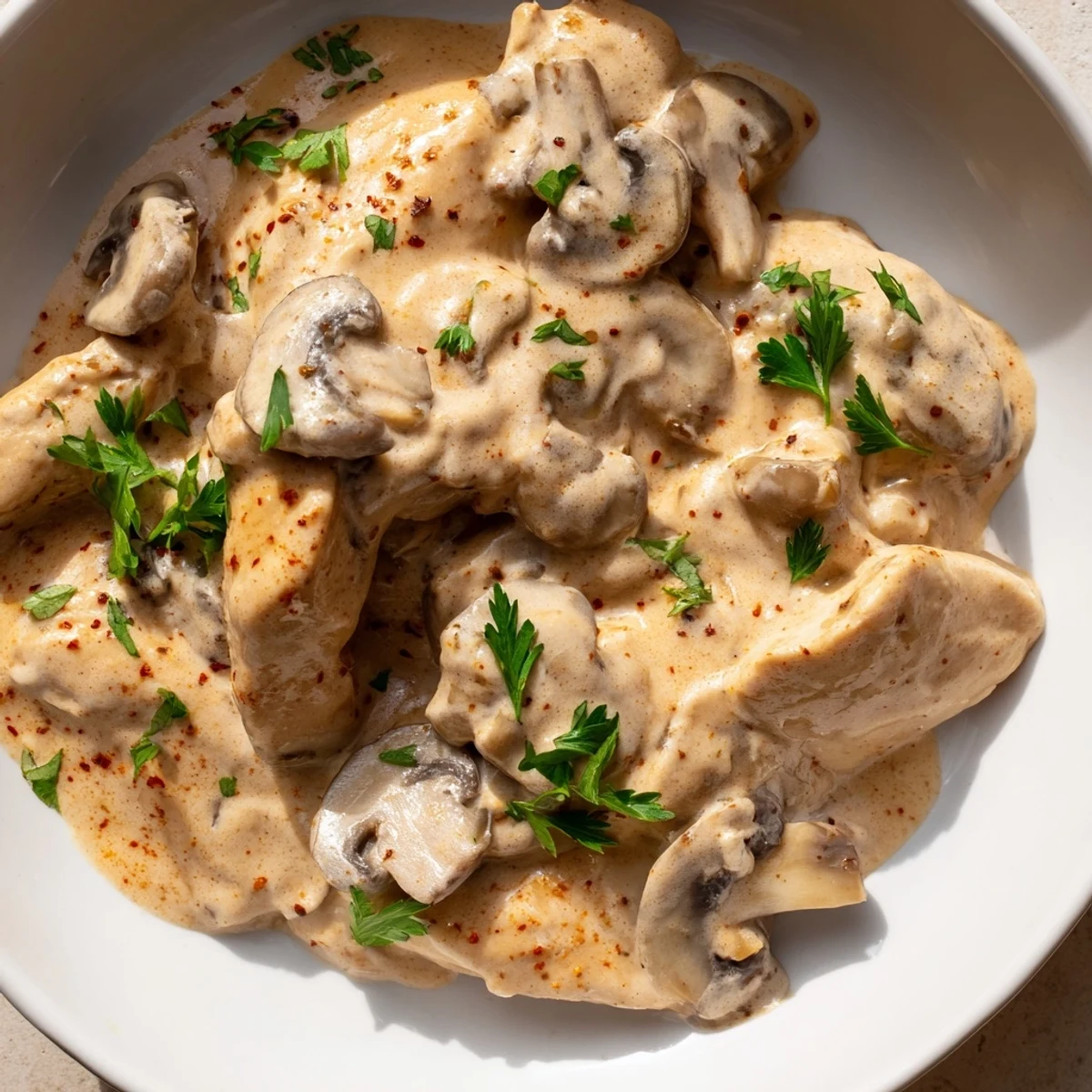 Golden brown chicken strips swimming in a luxurious white sauce with earthy mushrooms and fresh parsley garnish