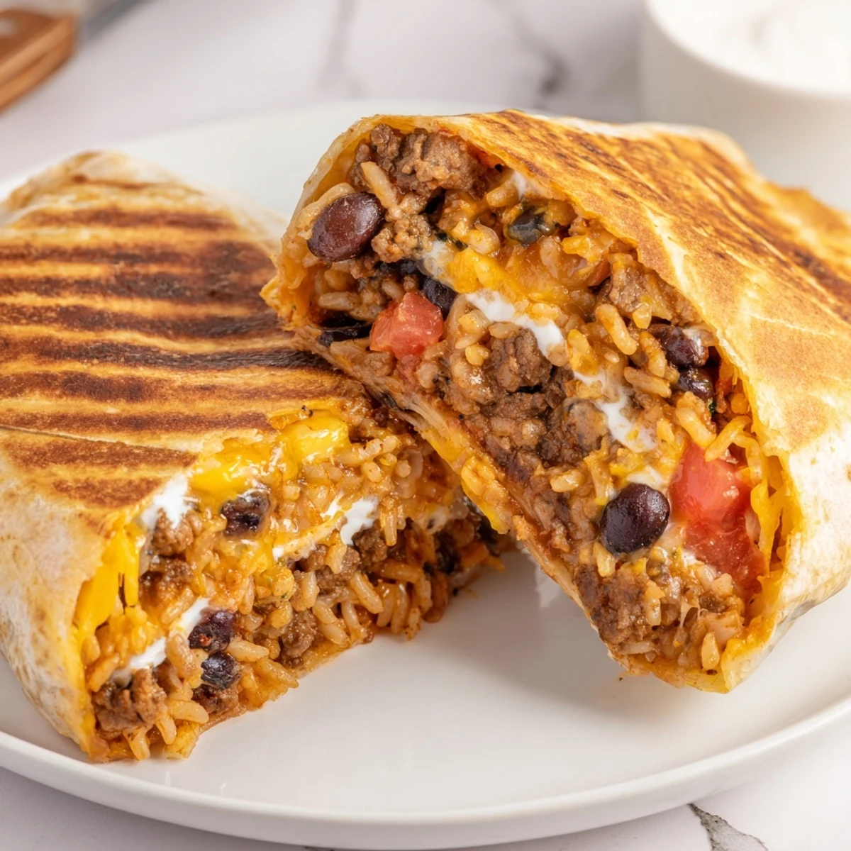 Golden grilled cheese burrito sliced open revealing seasoned beef and melted cheddar cheese