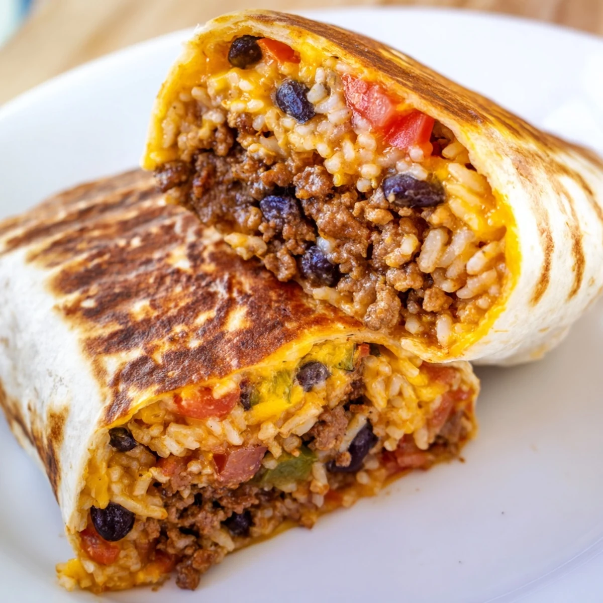 Crispy tortilla-wrapped grilled cheese burrito filled with rice, beans, and taco seasoned meat