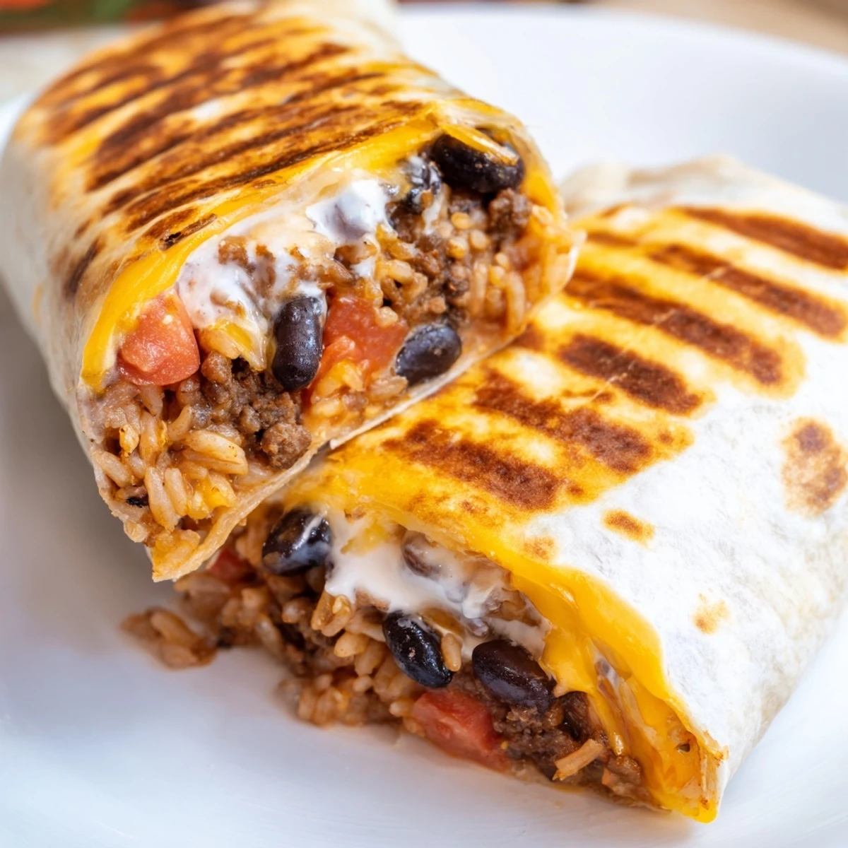 Buttered and grilled burrito cross section showing oozing Monterey Jack and savory ground beef