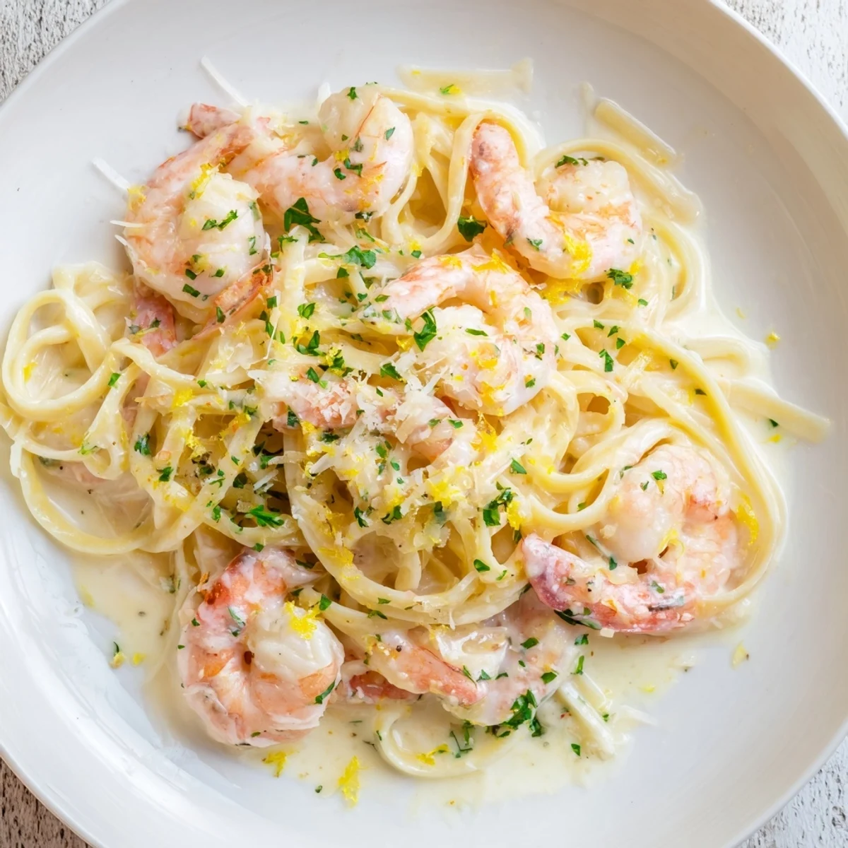 Golden shrimp scampi garlic cream pasta tossed in silky lemon parmesan sauce with fresh parsley