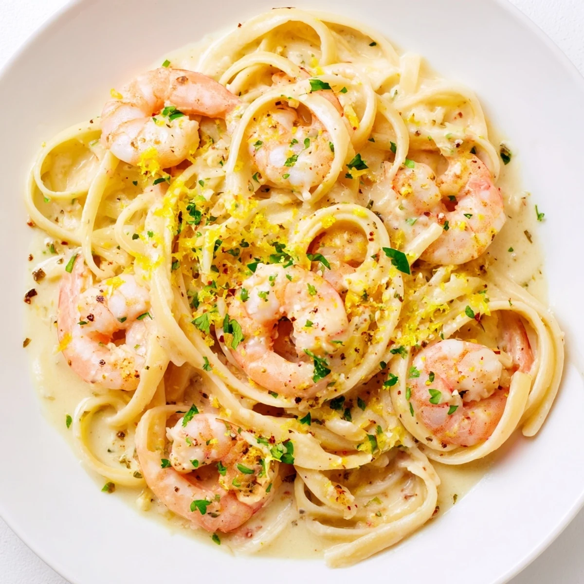 Plated shrimp scampi garlic cream pasta featuring succulent pink shrimp over al dente linguine in rich white wine cream