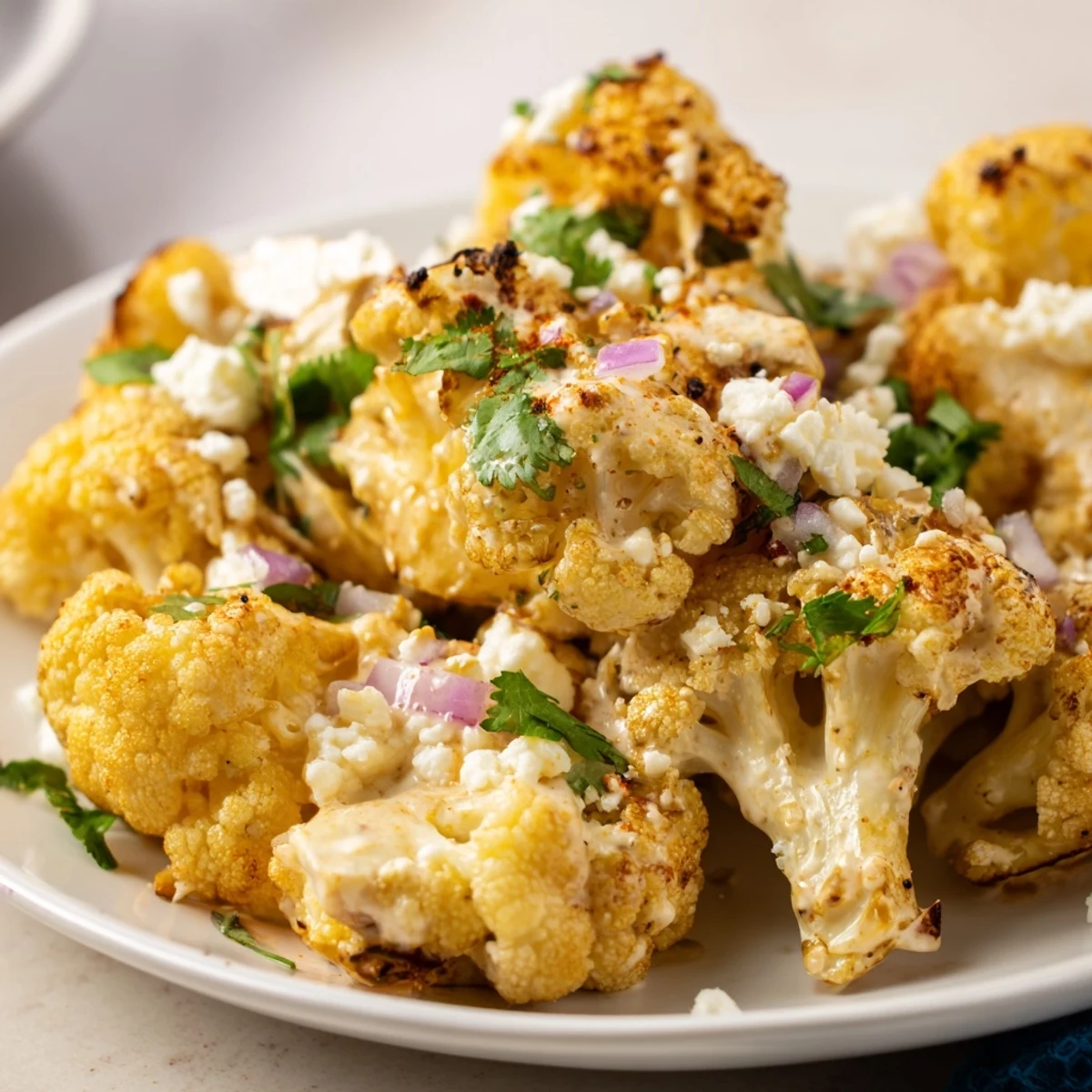 Roasted cauliflower elote topped with creamy cotija cheese, cilantro and chili powder
