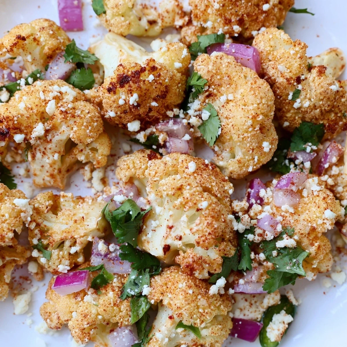 Mexican street corn style cauliflower dish garnished with fresh cilantro and red onion