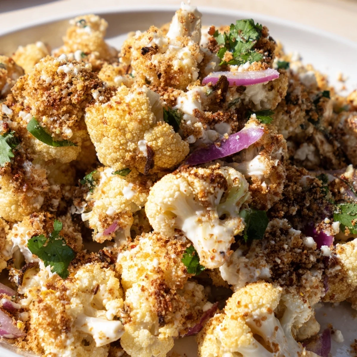 Golden cauliflower florets coated in tangy lime mayonnaise sauce and crumbled white cheese