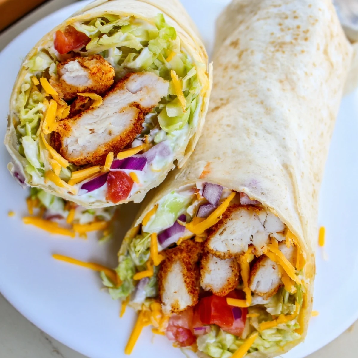 Golden cheesy garlic chicken wraps sliced in half revealing melted cheddar and fresh vegetables inside