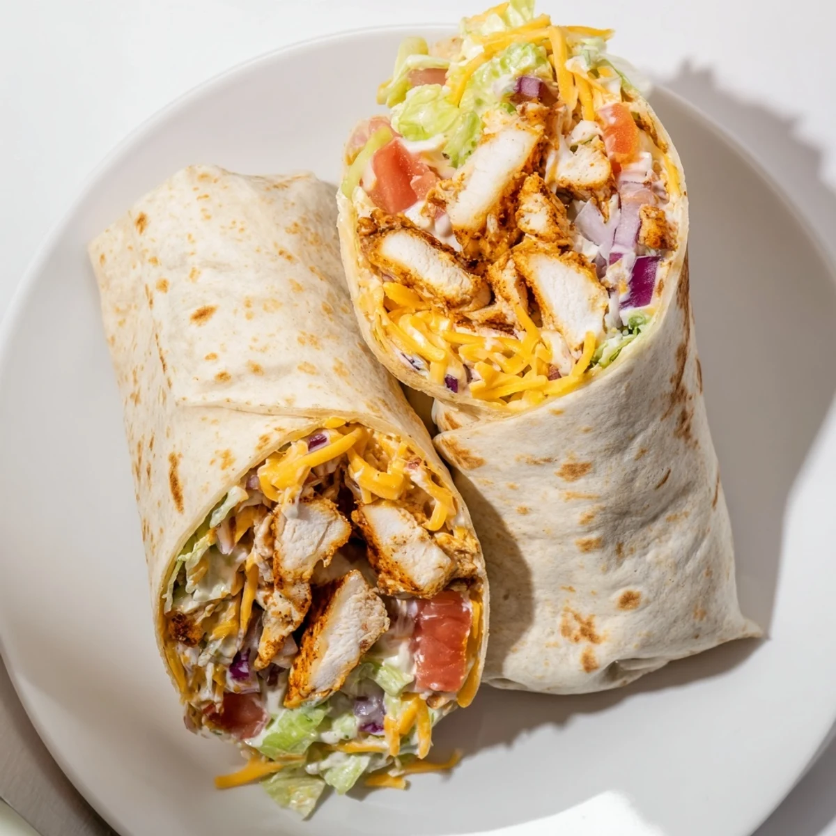 Savory chicken breast wrapped in soft tortilla with garlic mayo sauce and colorful tomato onion filling