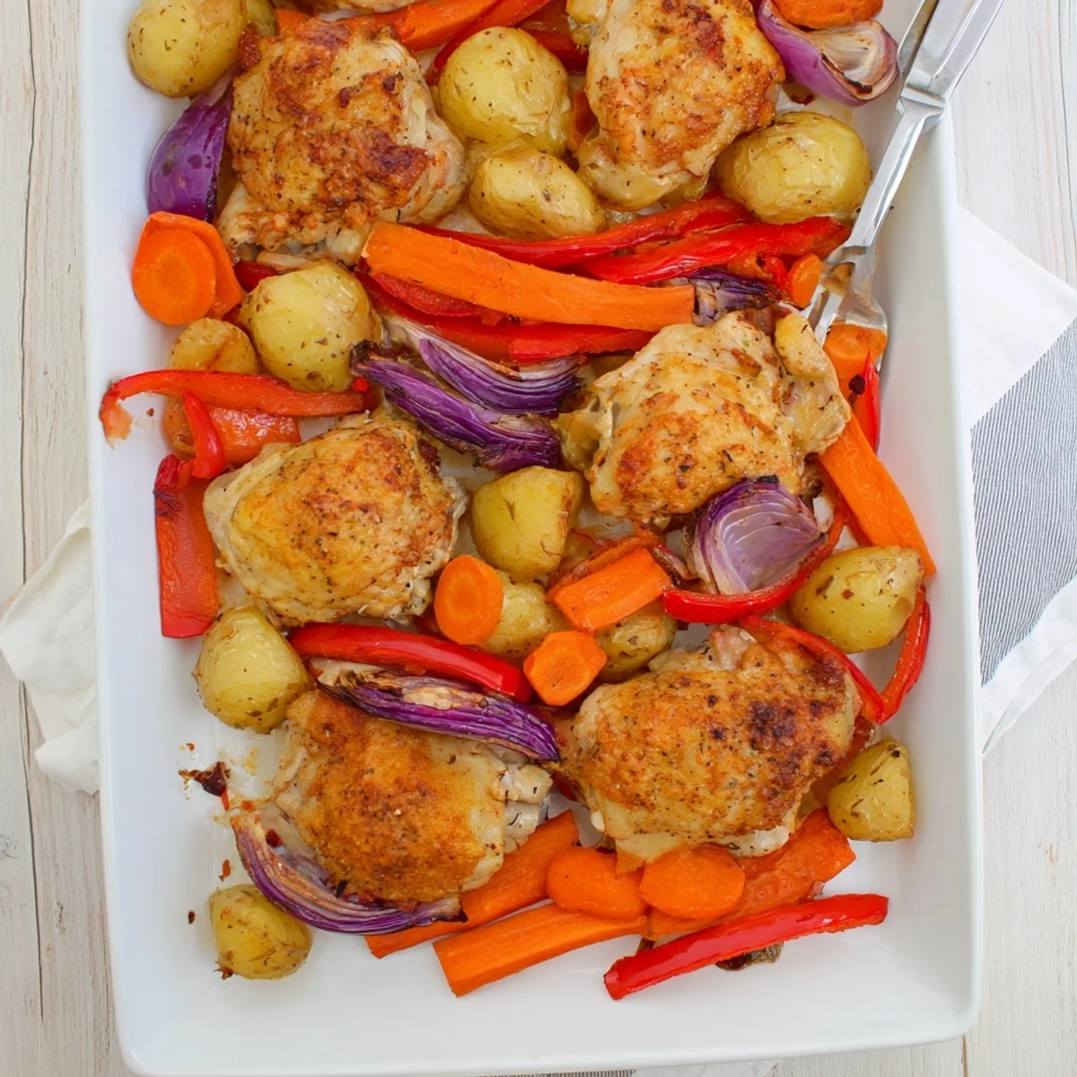 Golden brown chicken thighs with crispy skin nestled among roasted colorful vegetables on a baking sheet