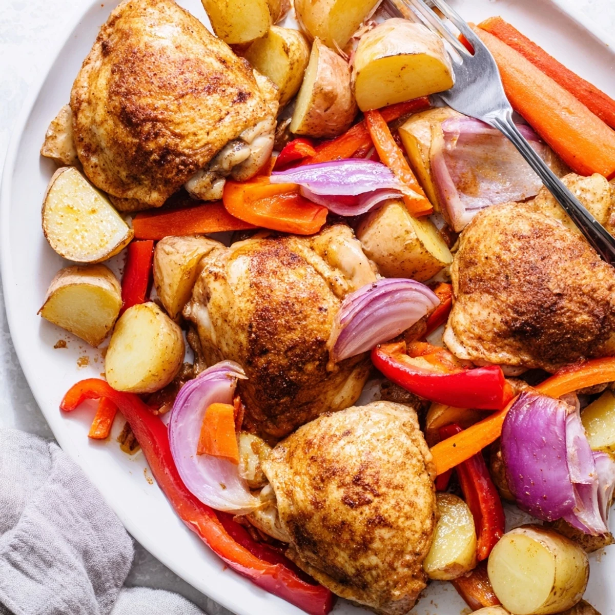 Savory chicken and vegetables arranged on a single baking pan, garnished with fresh parsley and ready to serve