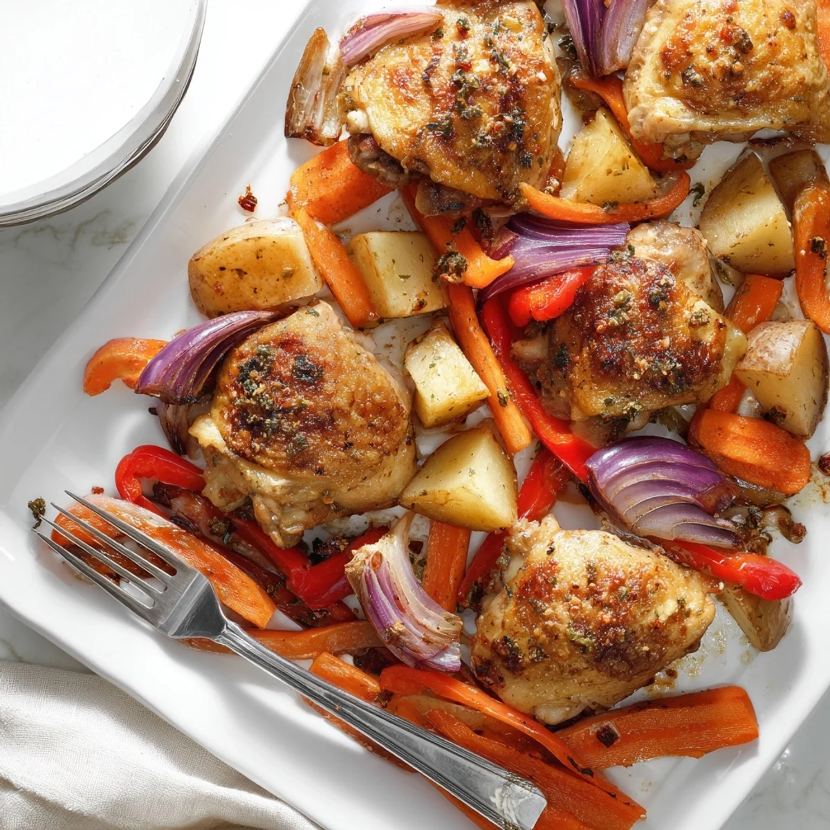 Tender one pan chicken bake with Yukon gold potatoes, carrots, and bell peppers fresh from the oven