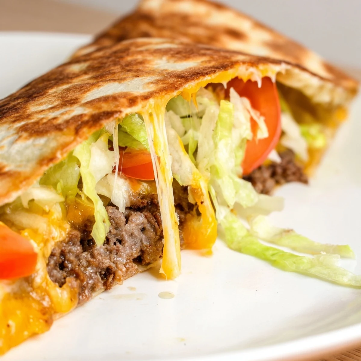 Halved tortilla showcasing smashed ground beef, crisp lettuce, tomato, and creamy burger sauce