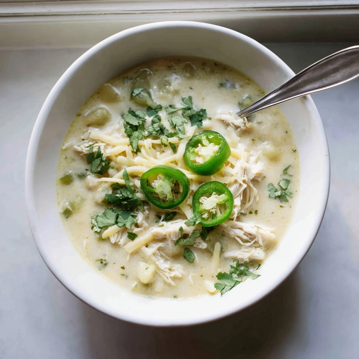 Creamy white chicken chili simmering in a pot with green chiles and melted cheese