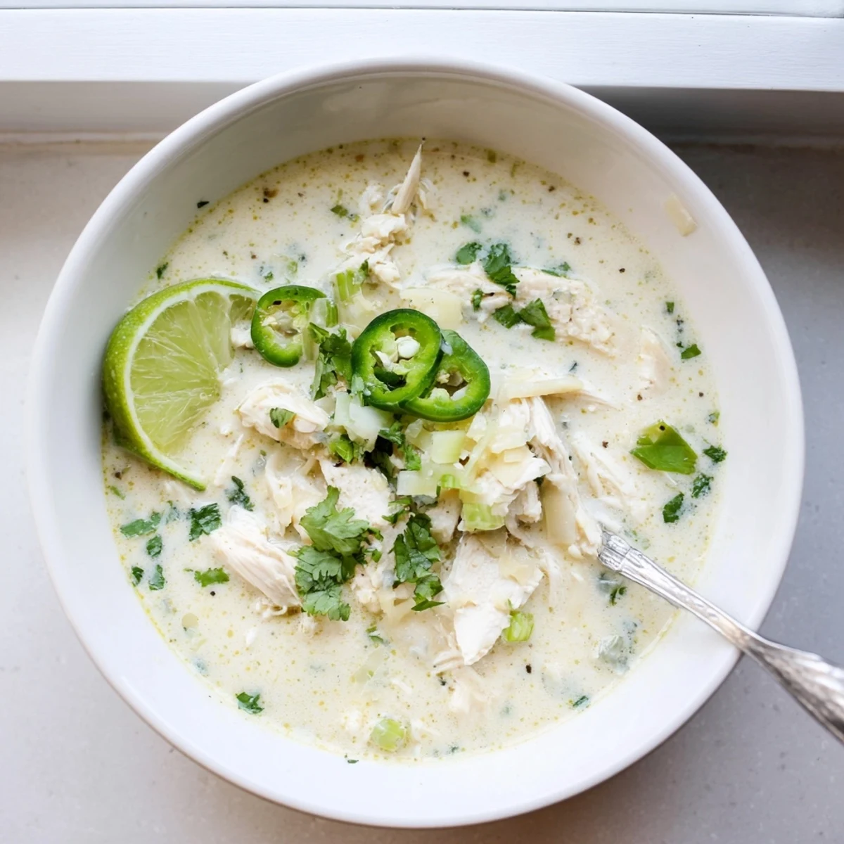 Hearty low-carb keto white chicken chili topped with fresh cilantro and jalapeño slices
