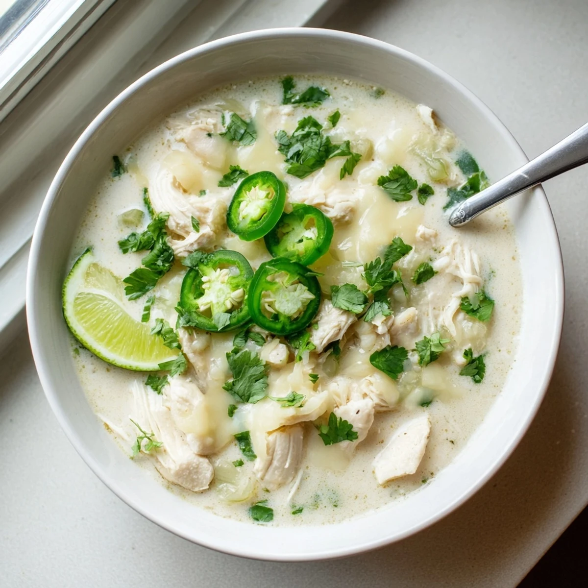 Bowl of simple keto white chicken chili garnished with lime wedges and shredded cheese