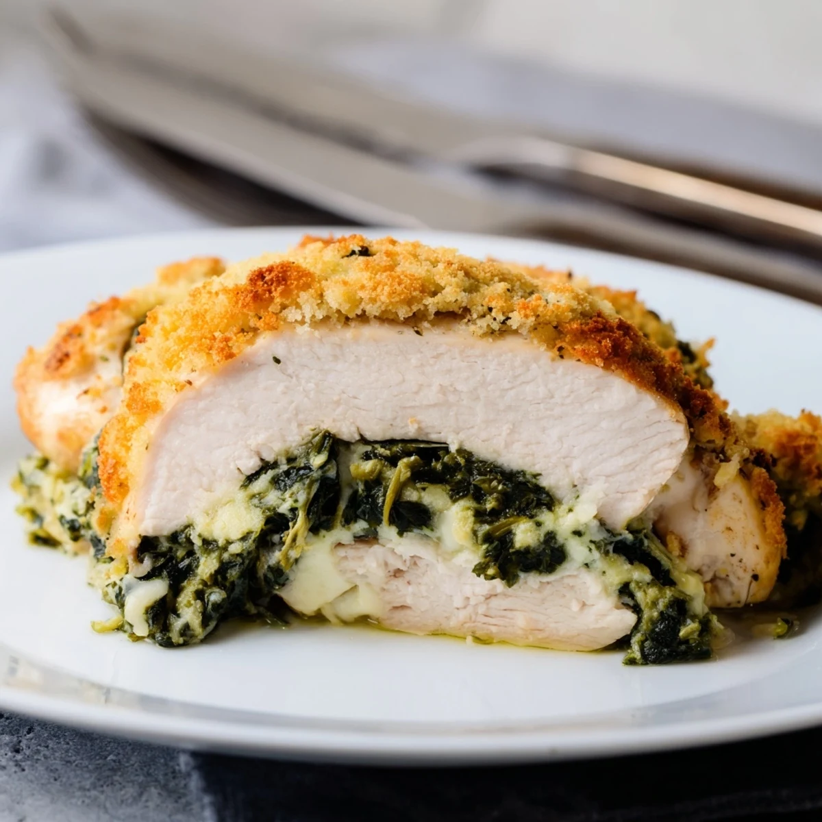 Golden brown spinach ricotta chicken breasts sliced to reveal creamy green cheese filling