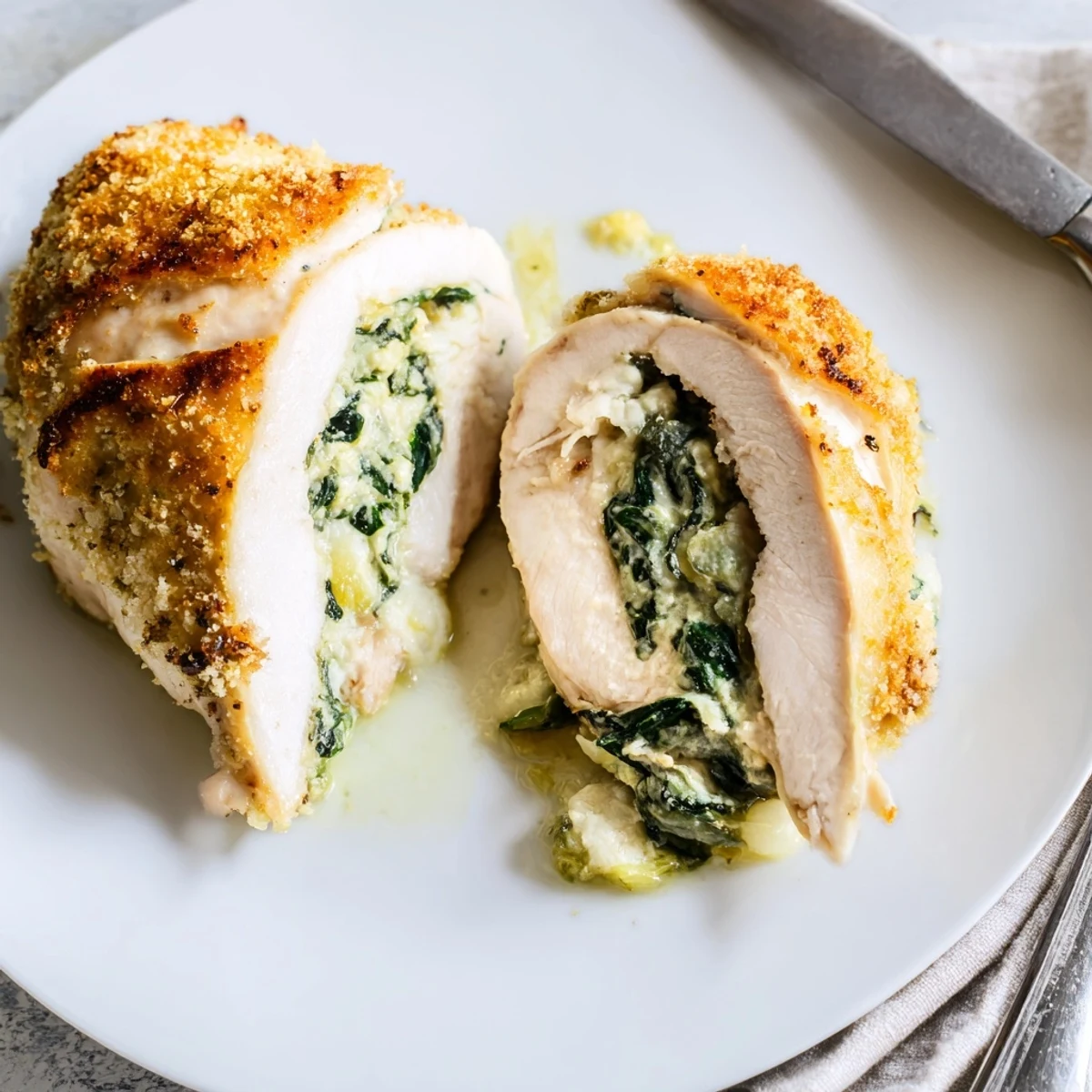 Baked stuffed chicken with spinach and ricotta oozing from tender parmesan crusted cutlets