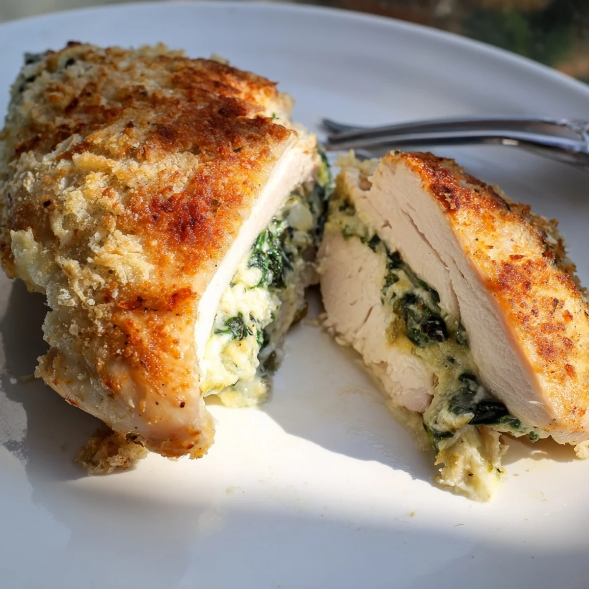 Italian style spinach ricotta chicken plated fresh from the oven with golden melted cheese topping