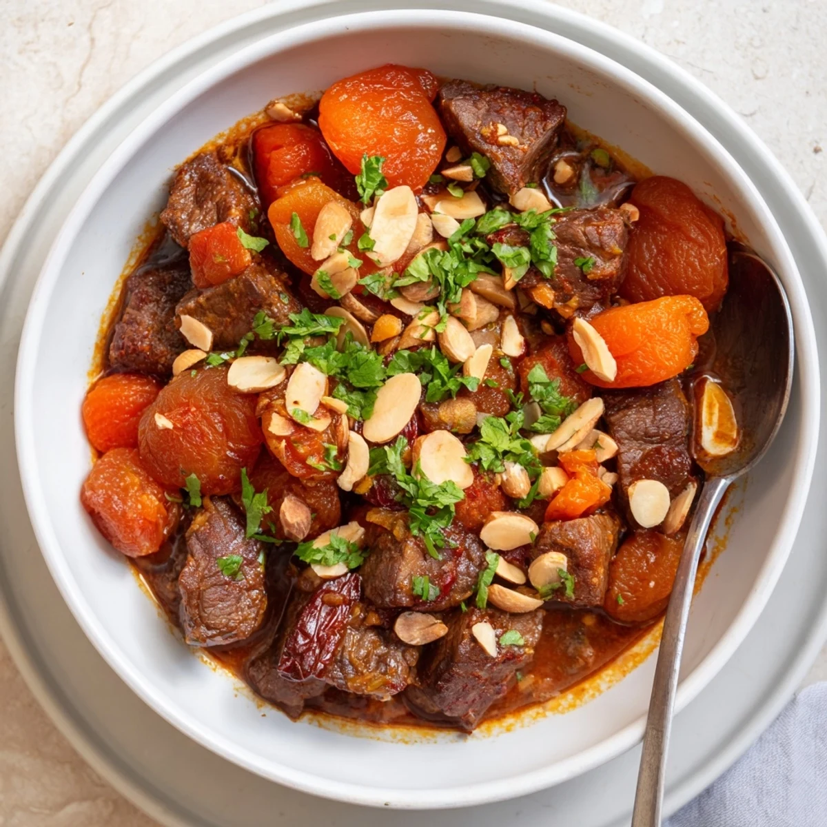 Golden Moroccan beef stew with tender chunks and plump apricots in a rich spiced sauce