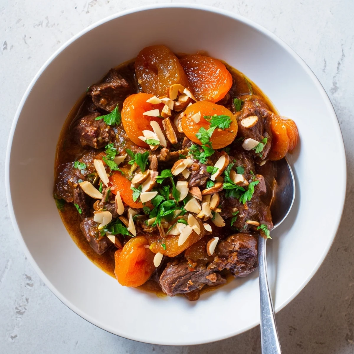 Savory Moroccan beef stew with apricots served over fluffy couscous with fresh herbs sprinkled on top