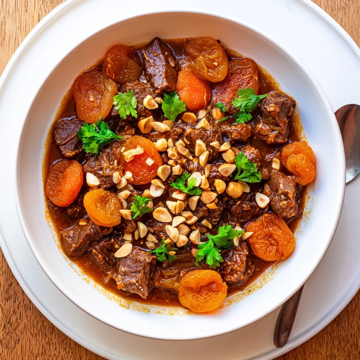 Hearty Moroccan beef stew featuring sweet apricots garnished with fresh cilantro and toasted almonds