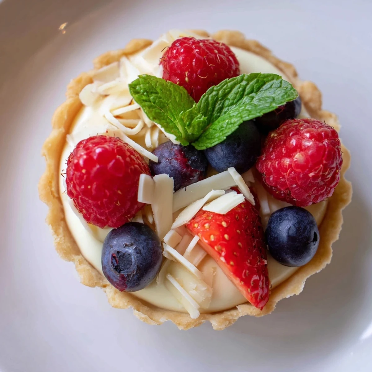 Golden white chocolate mousse tartlets topped with vibrant fresh berries and mint leaves on a serving plate