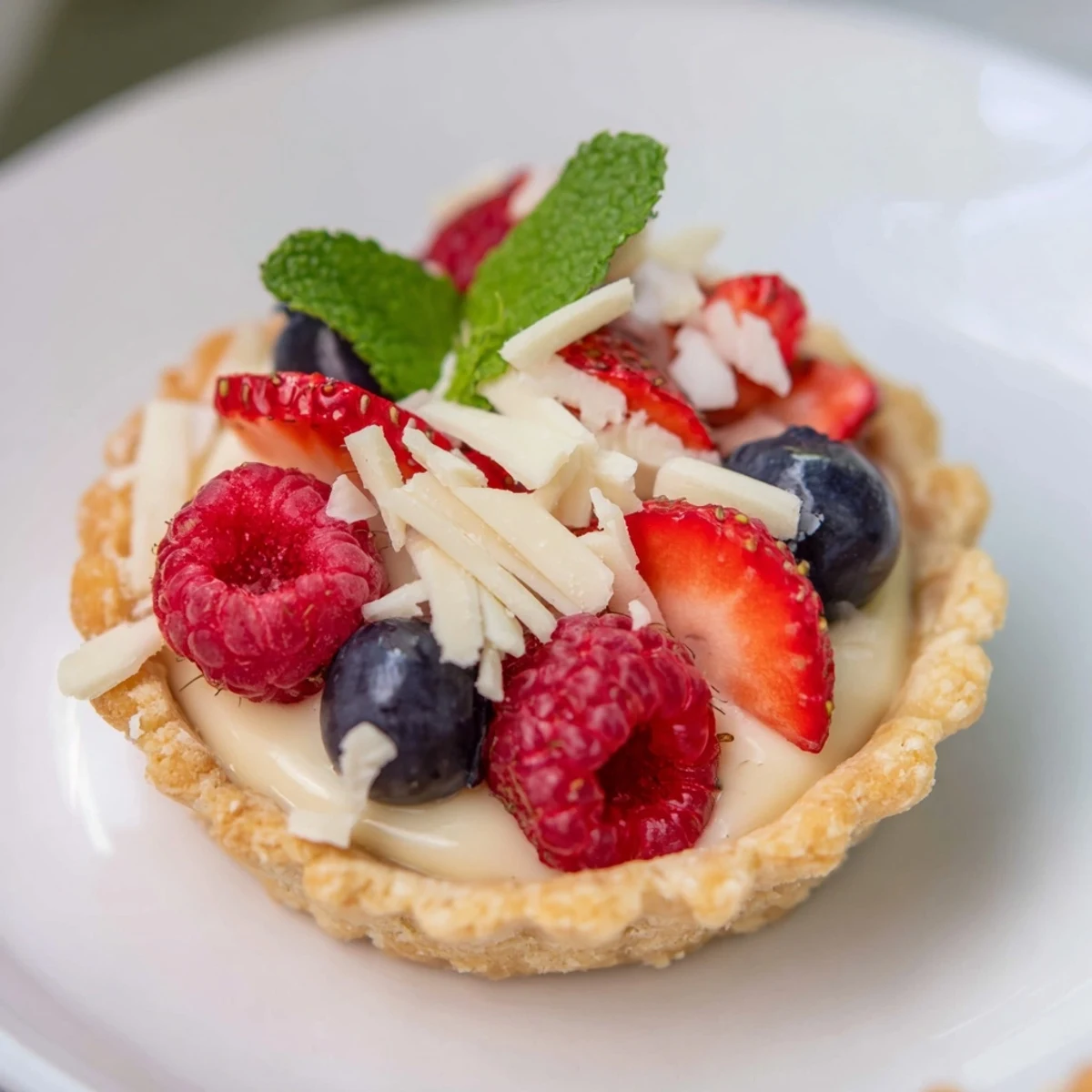 Silky white chocolate mousse filled in delicate pastry shells garnished with raspberries, blueberries, and white chocolate shavings