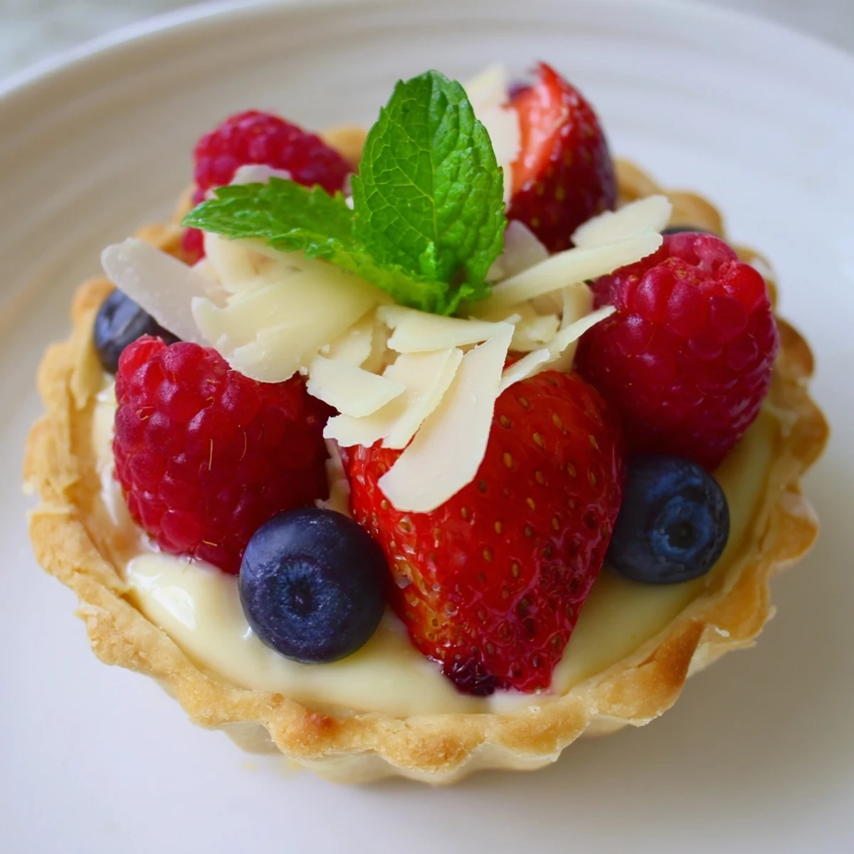 Elegant French dessert featuring smooth white chocolate mousse in crisp tartlet crusts decorated with colorful mixed berries