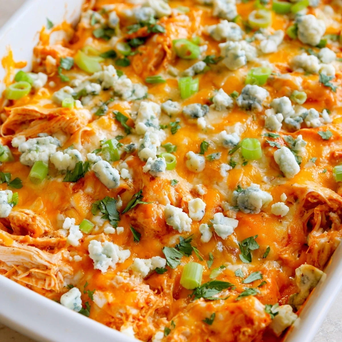 Golden bubbly Buffalo Chicken Cheese Bake fresh from the oven with melted cheddar and mozzarella