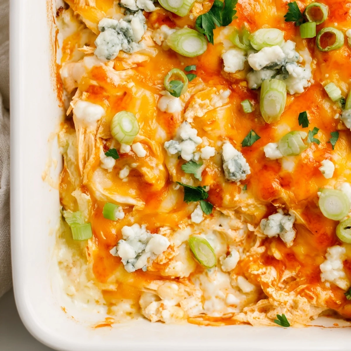 Hearty Buffalo Chicken Cheese Bake casserole served piping hot with crunchy celery sticks and tortilla chips