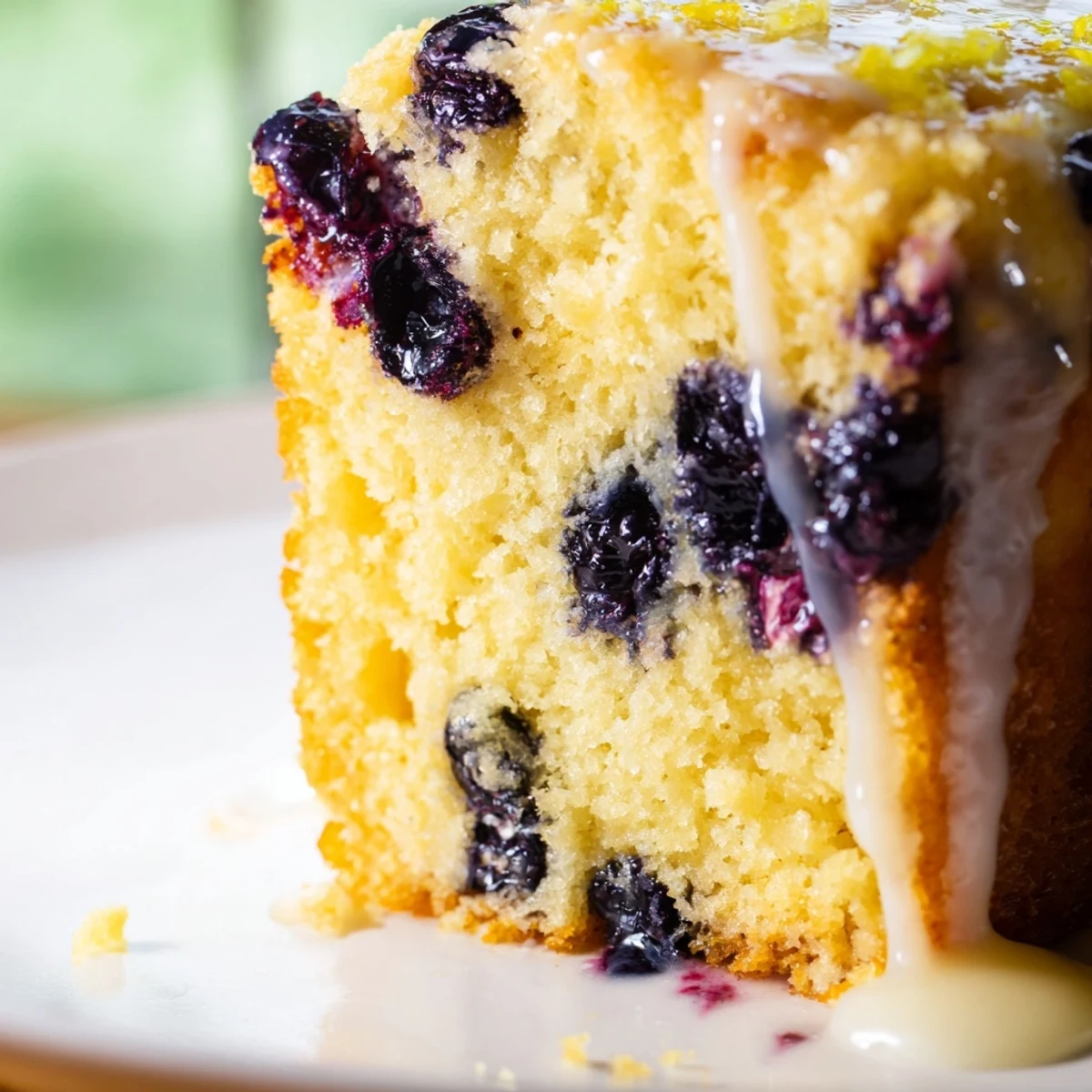 Moist lemon blueberry cake topped with tangy glaze and fresh scattered blueberries on a white serving plate