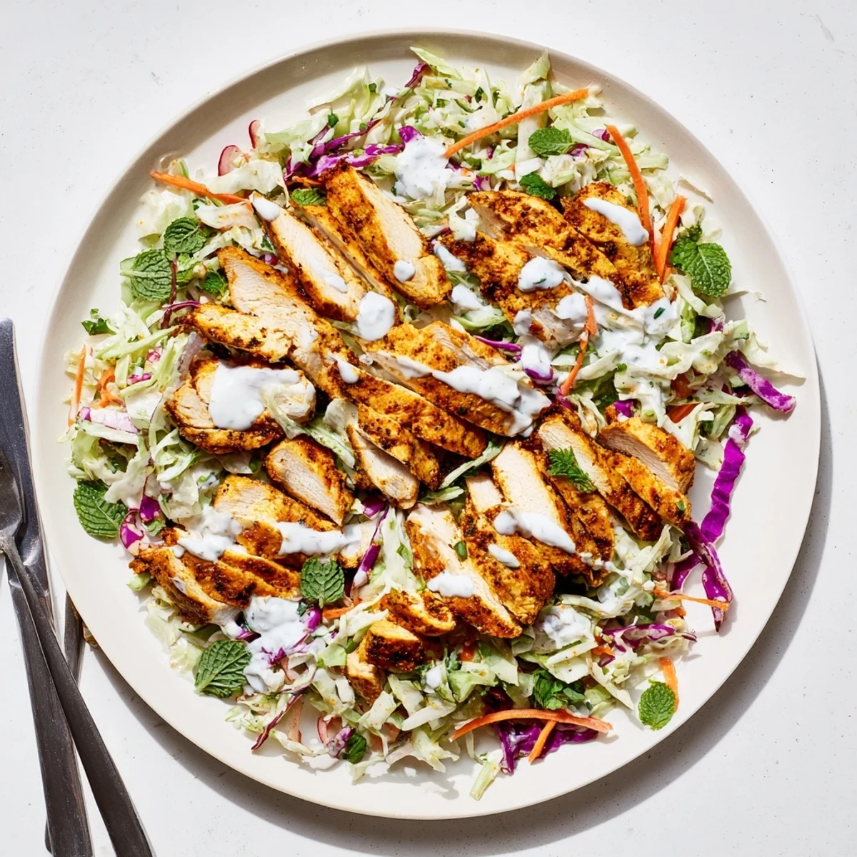 Golden curried chicken slices arranged over vibrant purple and green lime coleslaw with creamy mint yogurt drizzle