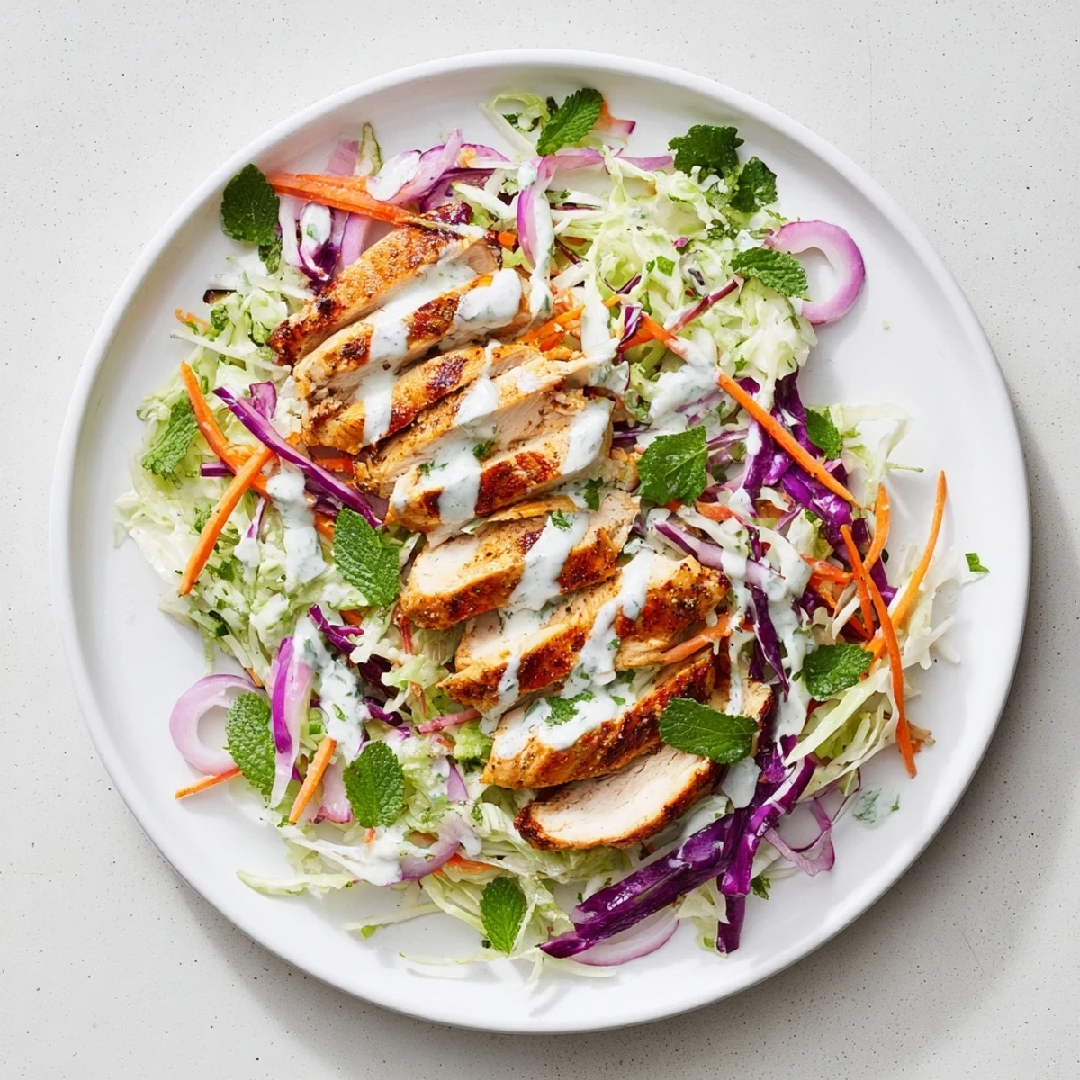 Platter of spiced grilled chicken resting atop zesty lime cabbage slaw topped with refreshing mint yogurt sauce
