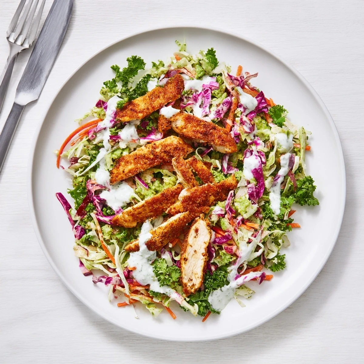 Close-up of tender curry-seasoned chicken served with colorful coleslaw and cool mint dressing for a light summer meal