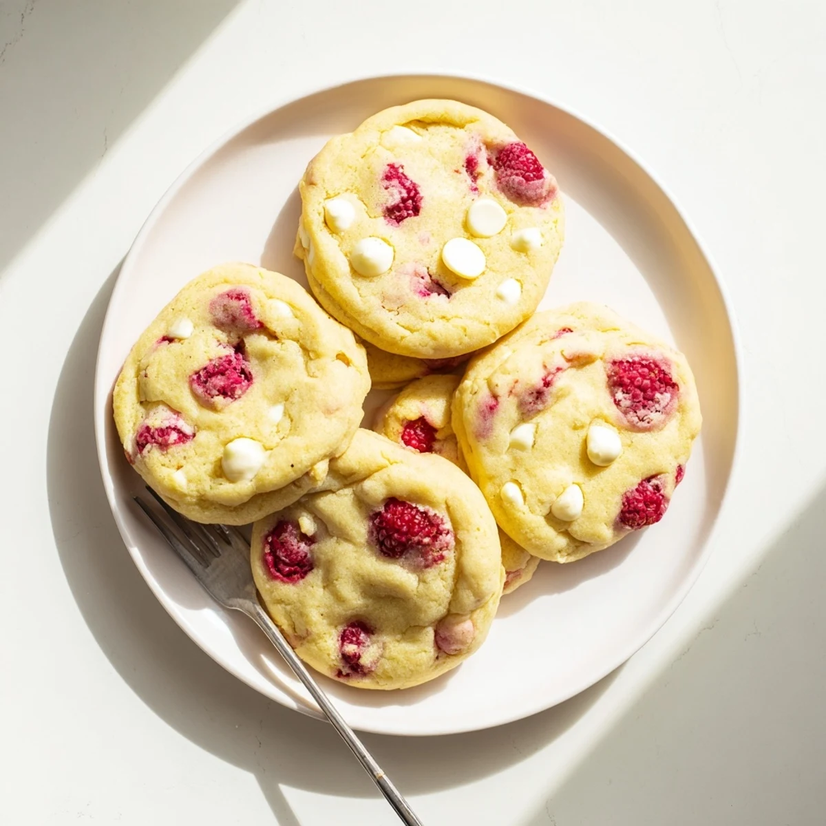 Golden lemon raspberry cookies with visible red berry pieces on a white wire cooling rack