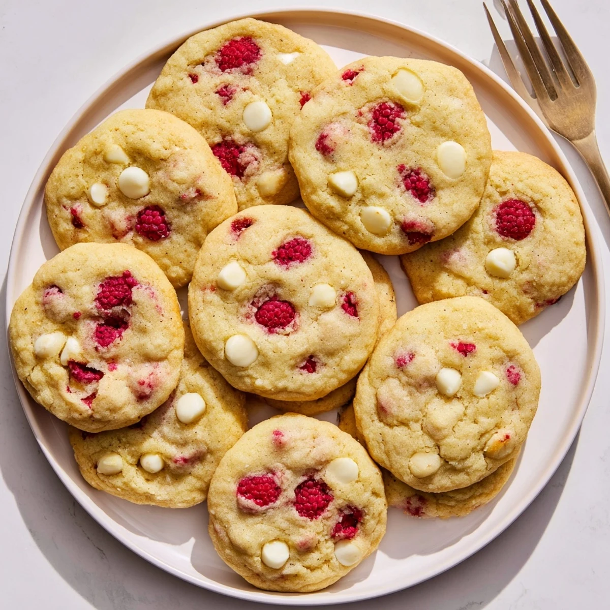 Soft baked lemon raspberry cookies stacked on a rustic wooden cutting board with powdered sugar