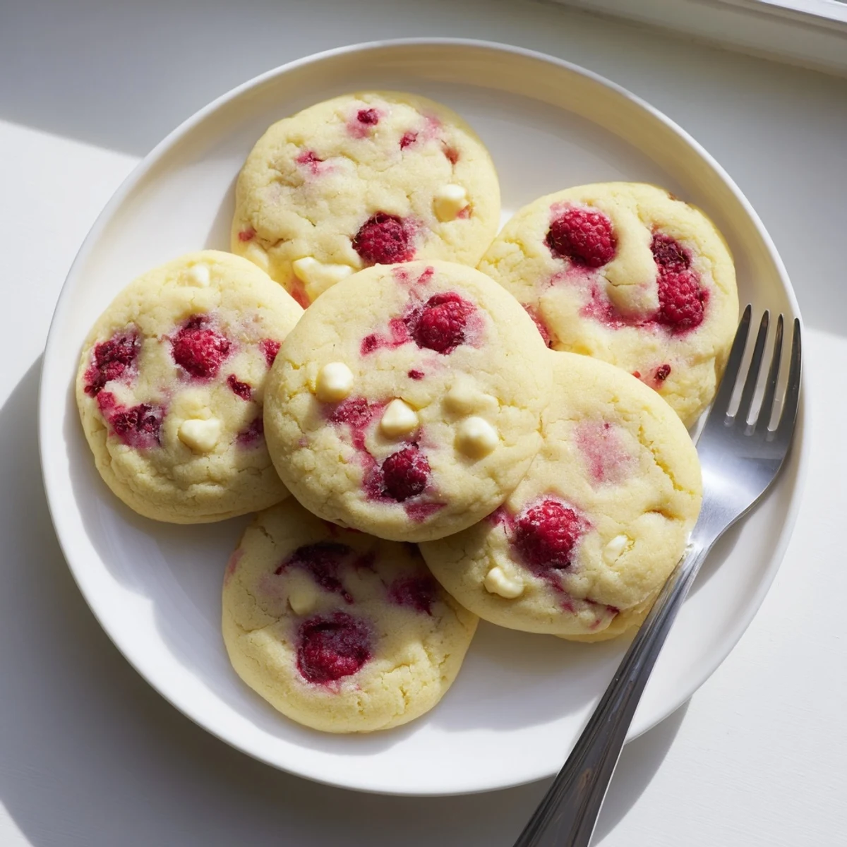Fresh lemon raspberry cookies with bright red berries and white chocolate chips on parchment paper