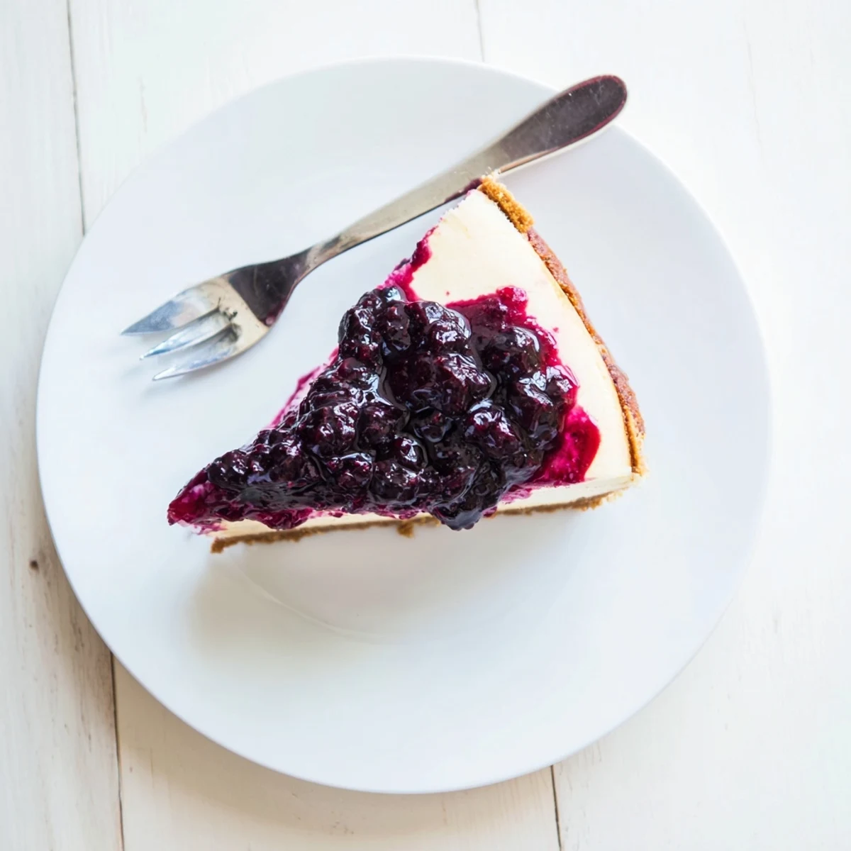 Rich blueberry cheesecake topped with vibrant berry compote and buttery golden base