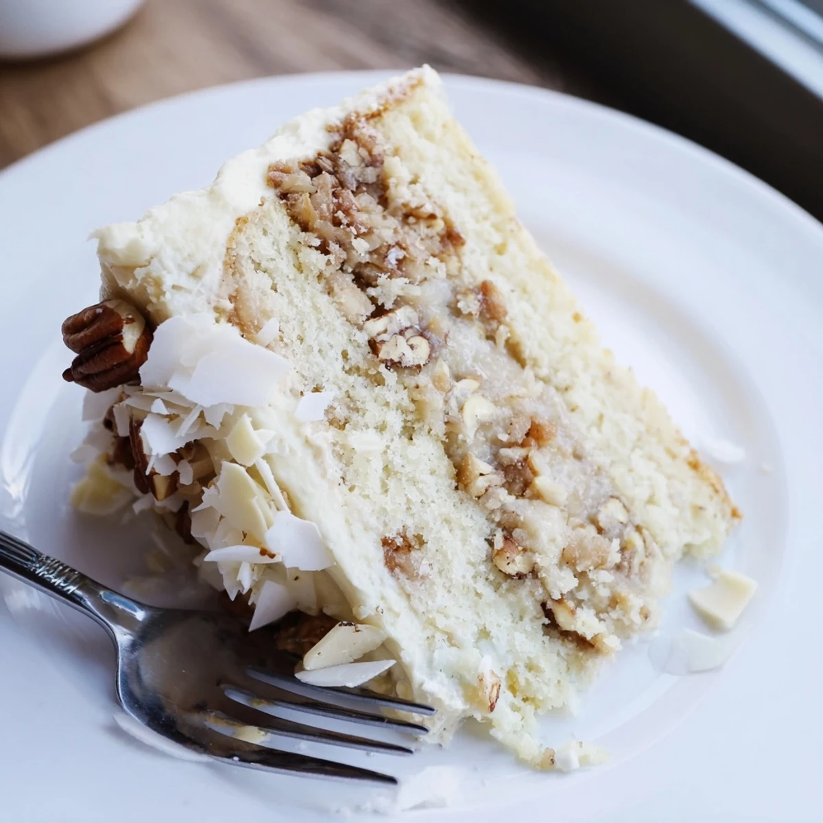 White German Chocolate Cake slice showing fluffy white layers topped with rich coconut pecan frosting