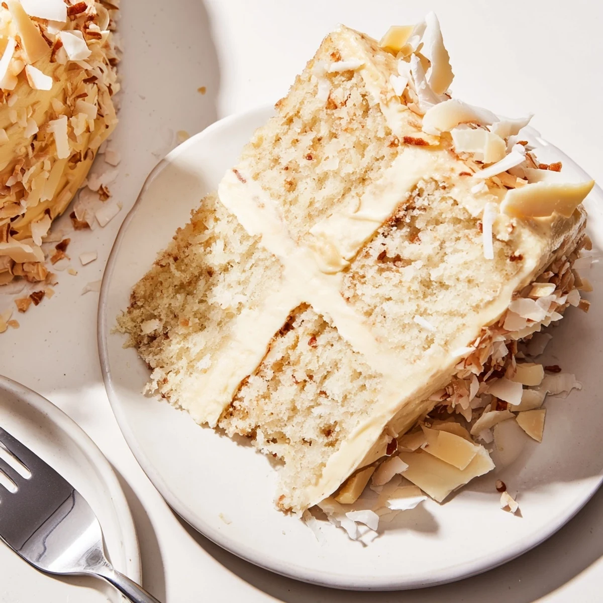Three tiered white chocolate cake layers sandwiched between gooey coconut pecan filling on serving plate