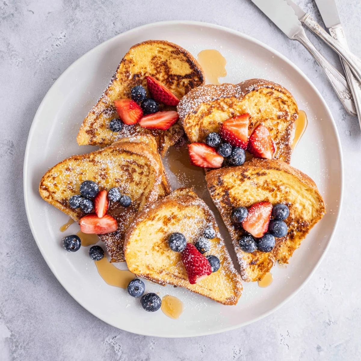 Golden brown vegan French toast slices dusted with powdered sugar and fresh berries on a white plate