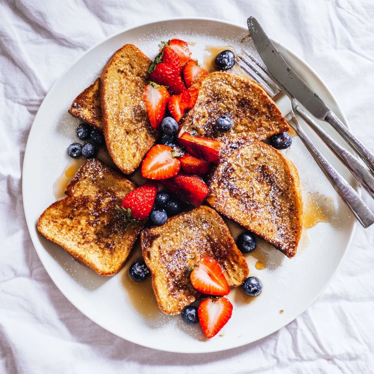Crispy plant-based French toast stacked high with maple syrup drizzle and sliced banana topping