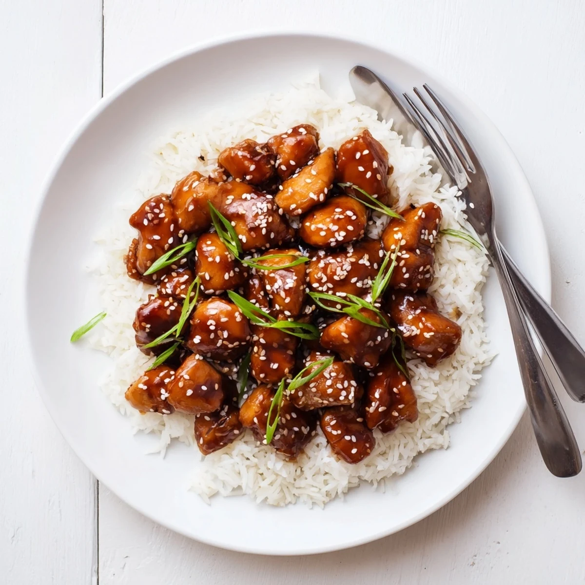 Golden glazed Quick Chicken Teriyaki pieces shimmer in savory sauce over fluffy white rice