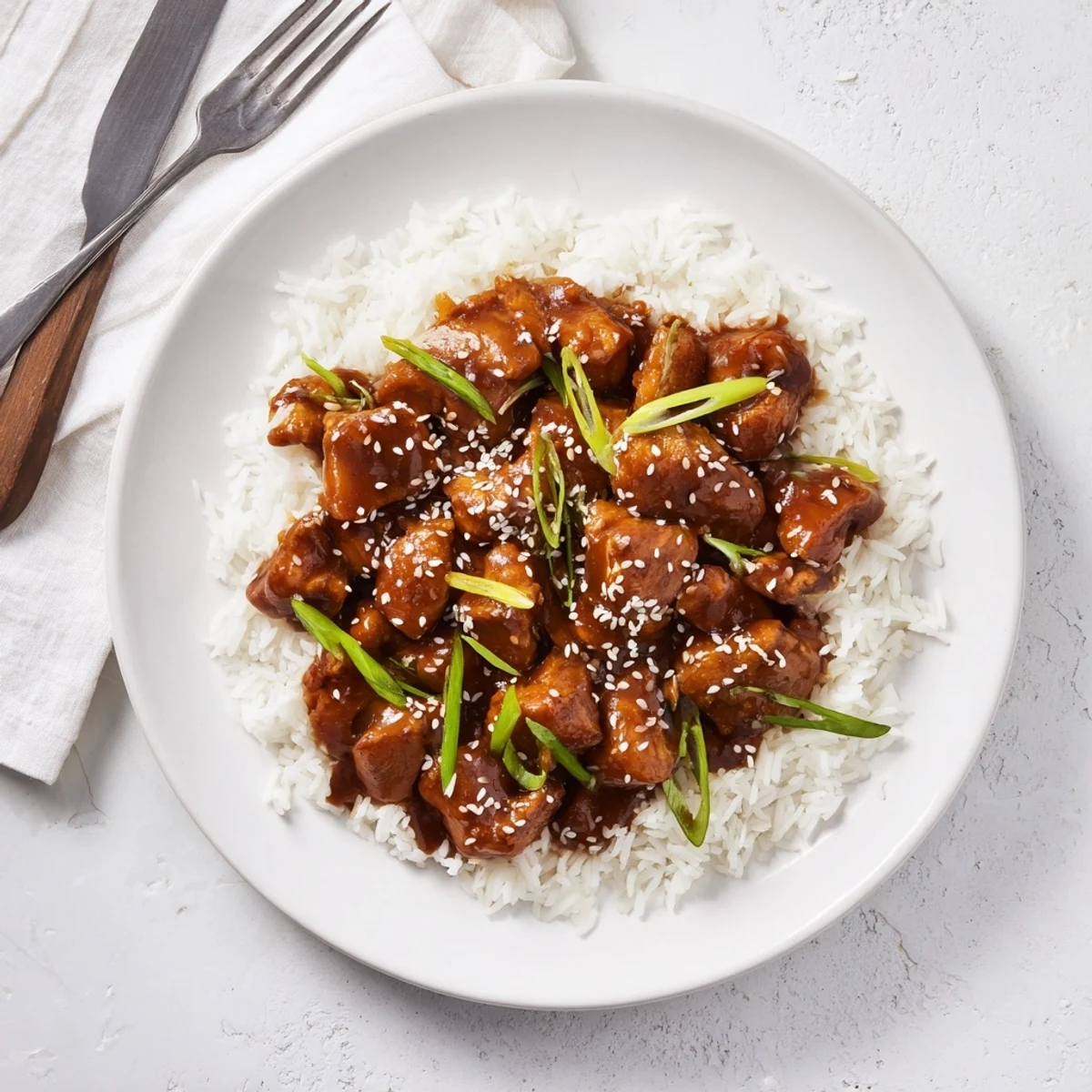 Tender chicken bites coated in sticky sweet teriyaki sauce served on steaming rice