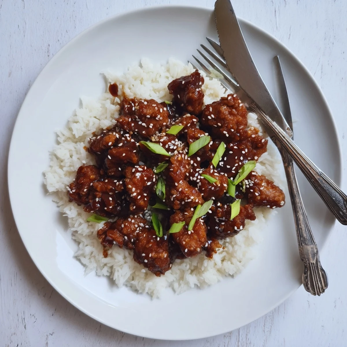 Weeknight Quick Chicken Teriyaki bowl topped with toasted sesame seeds and fresh green onions