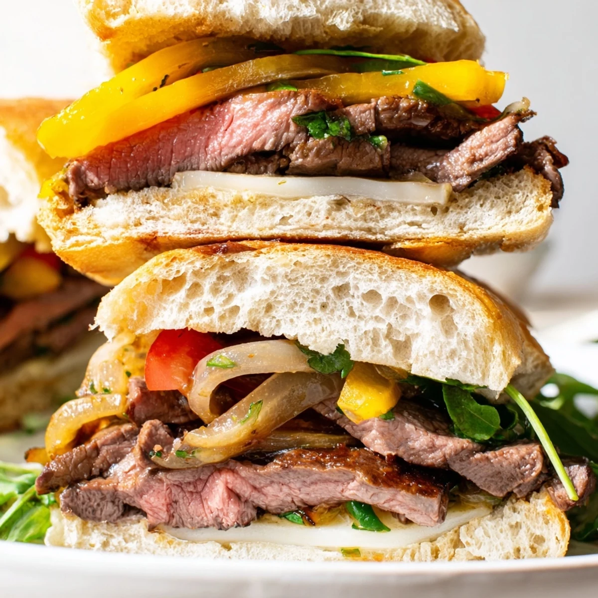 Homemade hearty steak sandwich featuring tender medium-rare steak, Dijon mayonnaise spread, and ripe tomato slices on buttered baguette